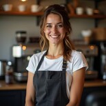 Charlotte Powell, barista and coffee equipment expert, smiling confidently in a café setting. Dressed in a white top and black apron, with coffee machines in the background.