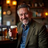 Freddie Wallace, pub equipment consultant, enjoying a pint in a cosy pub setting. Dressed in a blazer, with a big smile and a relaxed, friendly atmosphere.