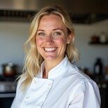 Charlotte Westwood, chef tools specialist, beaming in a bright kitchen wearing a white chef jacket. Her approachable, polished look fits her practical kitchenware expertise.