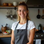 Sophie Brooks, chef tools and utensils expert, smiling in a home-style kitchen. Wearing a white t-shirt and grey apron, she blends function with charm.
