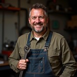 Daniel Foster, catering equipment repair expert, smiling with a wrench in hand. Dressed in a rugged green shirt and blue overalls, ready to fix any kitchen breakdown.