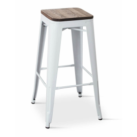 Metal Bar Stool | Tolix Style | Solid Elm Wood Seat | White | 4-Pack | Borrello B1975