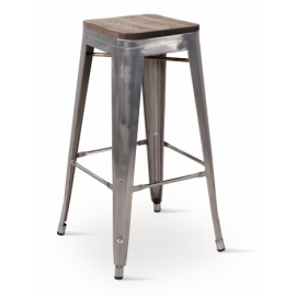 Metal Bar Stool | Tolix Style Seating | Gunmetal Steel with Elm Wood Seat | Borrello B1976
