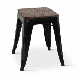 Borrello B1992 Tolix Style Metal Low Height Stool in Black with Solid Elmwood Seat pad. Pack of 4.