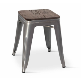 Borrello B1994 Tolix Style Metal Low Height Stool in Gunmetal Steel with Solid Elmwood Seat pad. Pack of 4.
