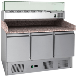 King KP14.HD 1.4m 3 Door Refrigerated Pizza Prep Counter Fridge with Topping Unit Included
