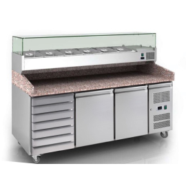 Commercial Refrigerated Pizza Prep Counter | Granite Top Pizza Counter | 2m 2 Doors 7 Drawers | King LPP9.HD