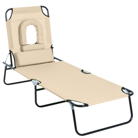 Outsunny Sun Lounger Foldable Reclining Chair with Pillow and Reading Hole Garden Beach Outdoor Recliner Adjustable Beige