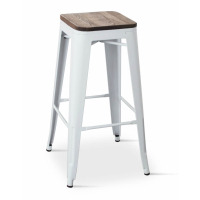 Metal Bar Stool | Tolix Style | Solid Elm Wood Seat | White | 4-Pack | Borrello B1975