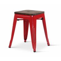 Metal Low Height Stool | Tolix Style Stool | Red with Elmwood Seat | Pack of 4 | Borrello B1991