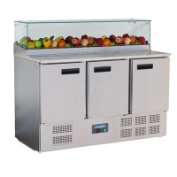 Commercial Pizza Prep Counter | 3 Door Refrigerated Prep Table | Glass Sneeze Guard | 436Ltr | Polar G-Series