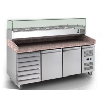 Commercial Refrigerated Pizza Prep Counter | Granite Top Pizza Counter | 2m 2 Doors 7 Drawers | King LPP9.HD