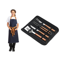 Commercial BBQ Utensil Set | 4-Piece Barbecue Tools | Southside Denim-Blue Apron Included | Deglon Sabatier SA636