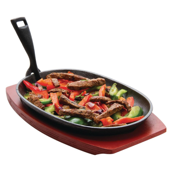 Olympia Cast Iron Oval Sizzler with Wooden Stand 280mm CC310