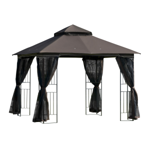 Outsunny Gazebo Garden Outdoor Canopy Double Tier Roof with Removable Mesh Curtains Display Shelves Top Hooks-Coffee