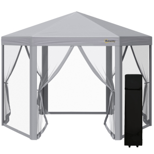 Outsunny 3x3(m) Pop Up Gazebo Hexagonal Foldable Canopy Tent Outdoor Event Shelter with Mesh Sidewall Adjustable Height and Roller Bag Grey