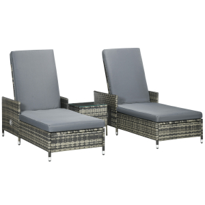 Outsunny 3-Pieces Rattan Sun Lounger Patio Chaise Lounge Chair Set with Adjustable Backrest Soft Cushions Glass Top Table Grey