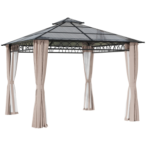 Outsunny 3x3 (m) Outdoor Polycarbonate Gazebo Double Roof Hard Top Gazebo with Galvanized Steel Frame Nettings & Curtains