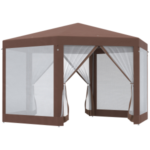 Outsunny Hexagonal Garden Gazebo Patio Party Outdoor Canopy Tent Sun Shelter with Mosquito Netting and Zipped Door Brown