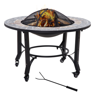 Outsunny 2-in-1 Outdoor Fire Pit on Wheels Patio Heater with Cooking BBQ Grill Firepit Bowl with Screen Cover Fire Poker for Backyard Bonfire