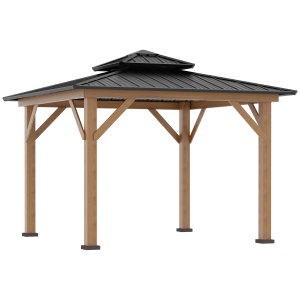 Outsunny 3.5x3.5m Outdoor Aluminium Hardtop Gazebo Canopy with 2-Tier Roof and Solid Wood Frame Outdoor Patio Shelter for Patio Garden Grey