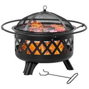 Outsunny 2-in-1 Outdoor Fire Pit with BBQ Grill Patio Heater Log Wood Charcoal Burner Firepit Bowl w/Spark Screen Cover Poker for Backyard Bonfire