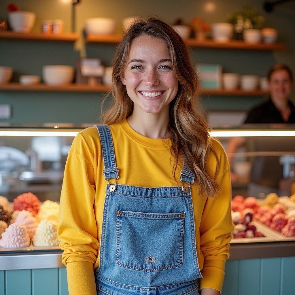 Abigail Palmer, gelato and dessert specialist, smiling warmly in front of a vibrant gelato counter. Wearing a yellow jumper and denim dungarees, she brings a cheerful, sweet shop vibe.