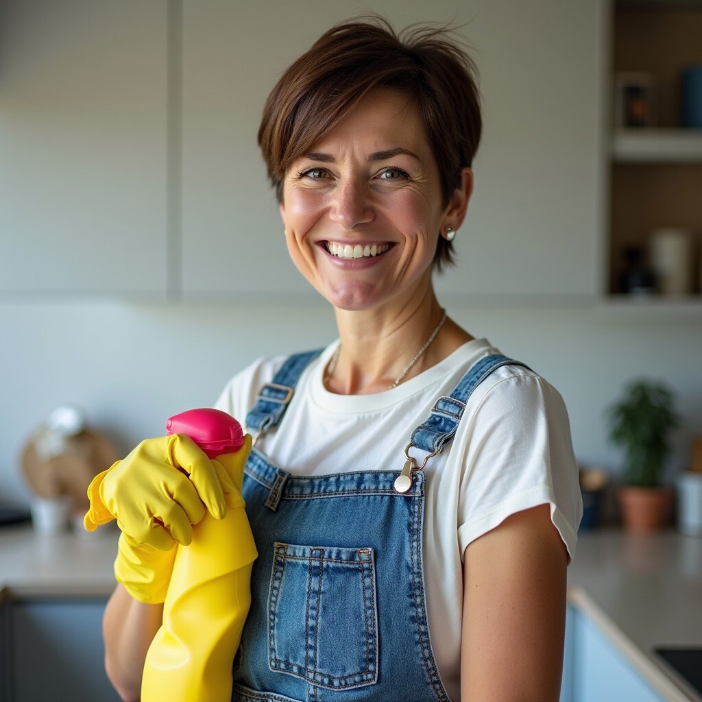 Charlotte Rayner, commercial cleaning expert, holding a yellow cleaning spray bottle and wearing gloves. Friendly and practical in denim overalls, ready for kitchen hygiene duties.