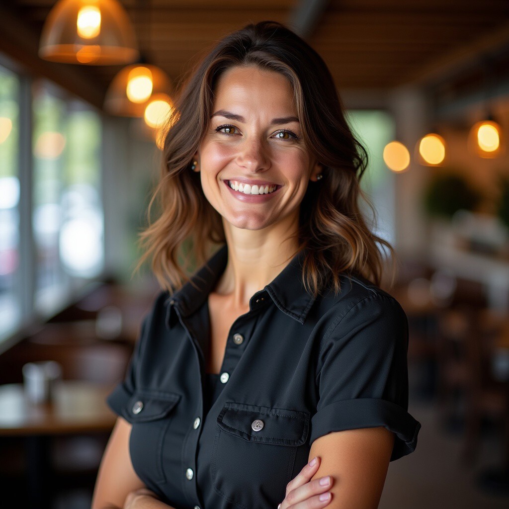 Emily Hart, hospitality tableware consultant, posing stylishly inside a modern restaurant. Wearing a black button-up shirt, she exudes professionalism and warmth.