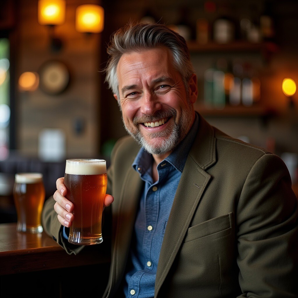 Freddie Wallace, pub equipment consultant, enjoying a pint in a cosy pub setting. Dressed in a blazer, with a big smile and a relaxed, friendly atmosphere.