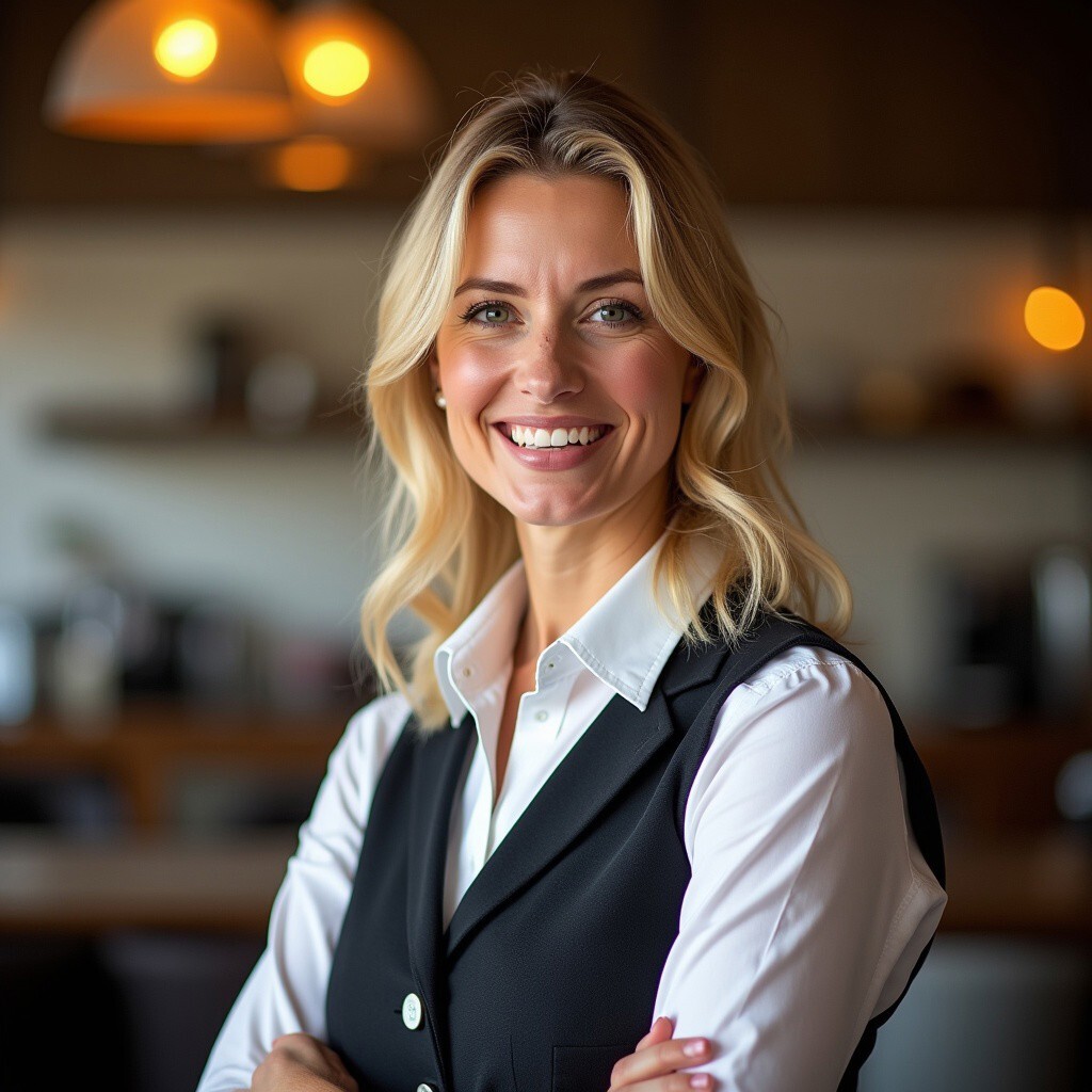 Hannah Cartwright, breakfast buffet consultant, standing proudly in a chic hotel breakfast area. Wearing a smart waistcoat and white blouse, she’s all about guest experience.