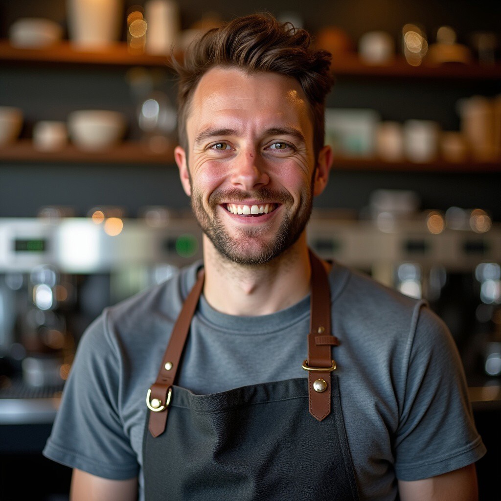 Henry Dalton, beverage equipment expert, smiling at a coffee station. Wearing a grey t-shirt and apron, surrounded by commercial coffee machines, radiating barista charm.