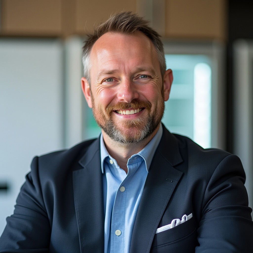 Liam Sinclair, commercial refrigeration specialist, beaming in a showroom. Wearing a navy blazer and pale blue shirt, he combines warmth with technical expertise.