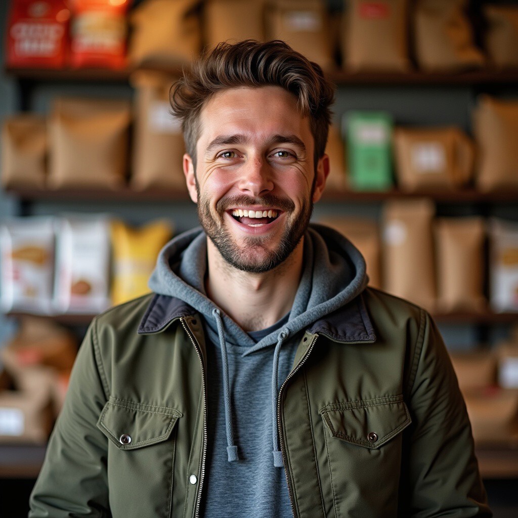 Lucas Clarke, takeaway packaging expert, smiling brightly in a trendy café with packaging supplies behind him. Dressed in a green jacket and grey hoodie, relaxed and modern.