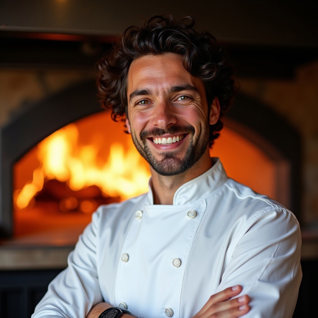 Marco Romano, pizza oven consultant, in front of a roaring fire in a pizza kitchen. Wearing a white chef's jacket, with curly hair and a passionate, warm expression.