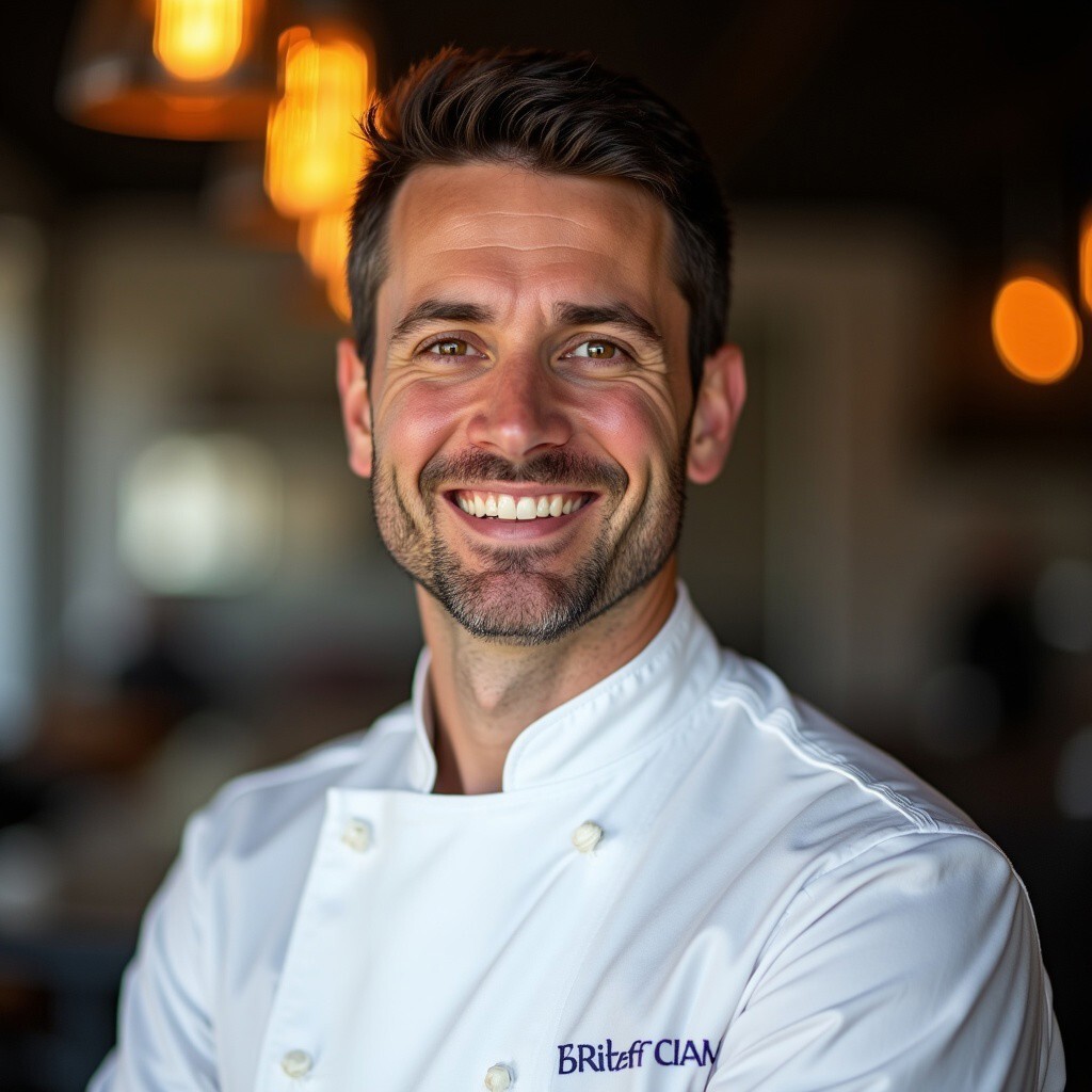 Oliver Bennett, commercial catering equipment specialist, smiling in a sharp suit. Posed in a modern kitchen showroom, he looks professional and trustworthy.