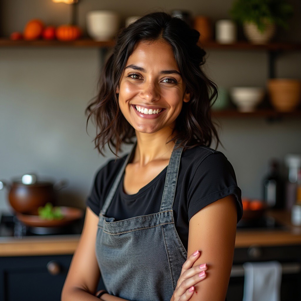 Priya Sharma, Asian catering equipment expert, standing confidently in a modern Asian-inspired kitchen. Wearing a black top and apron, she radiates energy and friendliness.