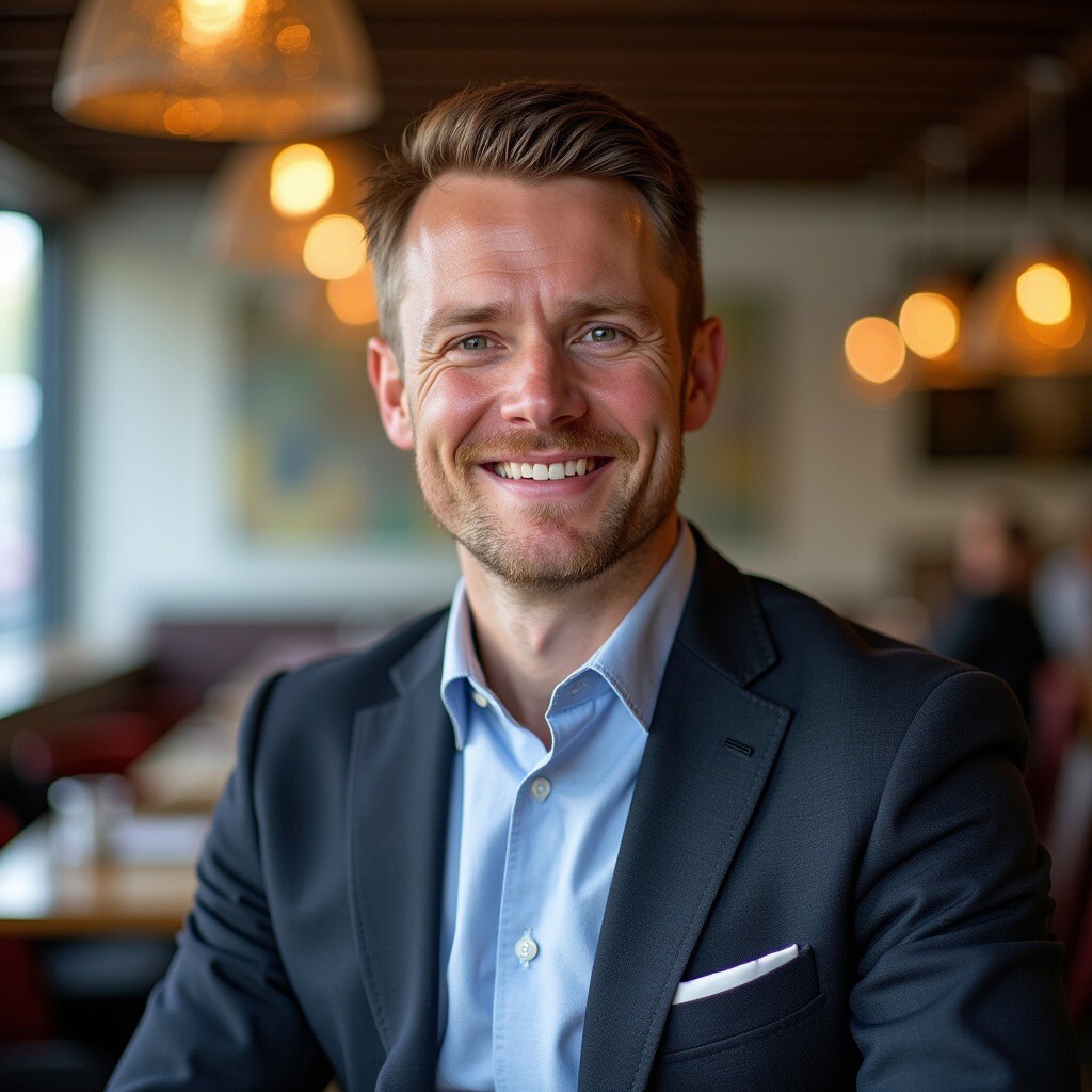 Thomas Keane, restaurant furniture and storage expert, dressed smartly in a navy blazer. Seated in a stylish restaurant, ready to advise on space and seating.