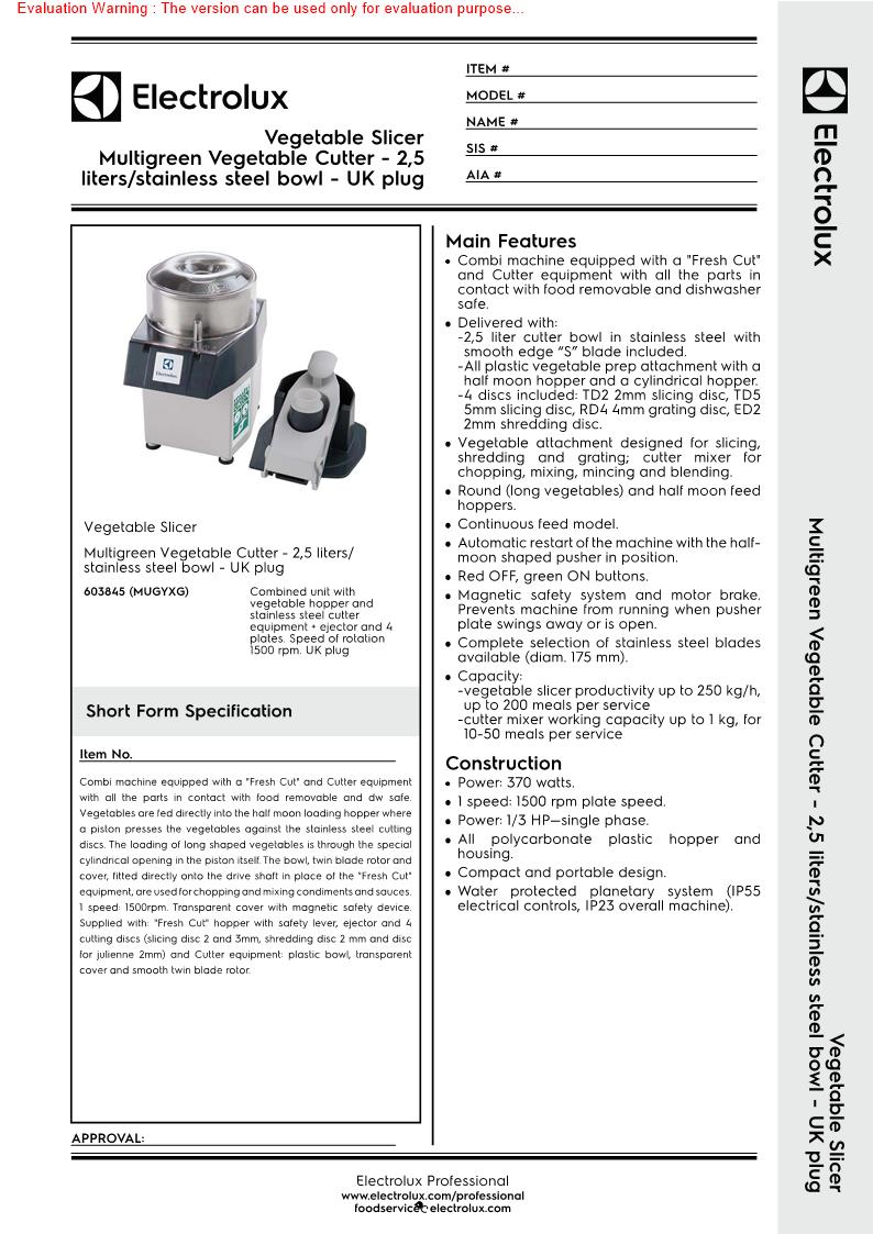Electrolux CF615 Specsheet